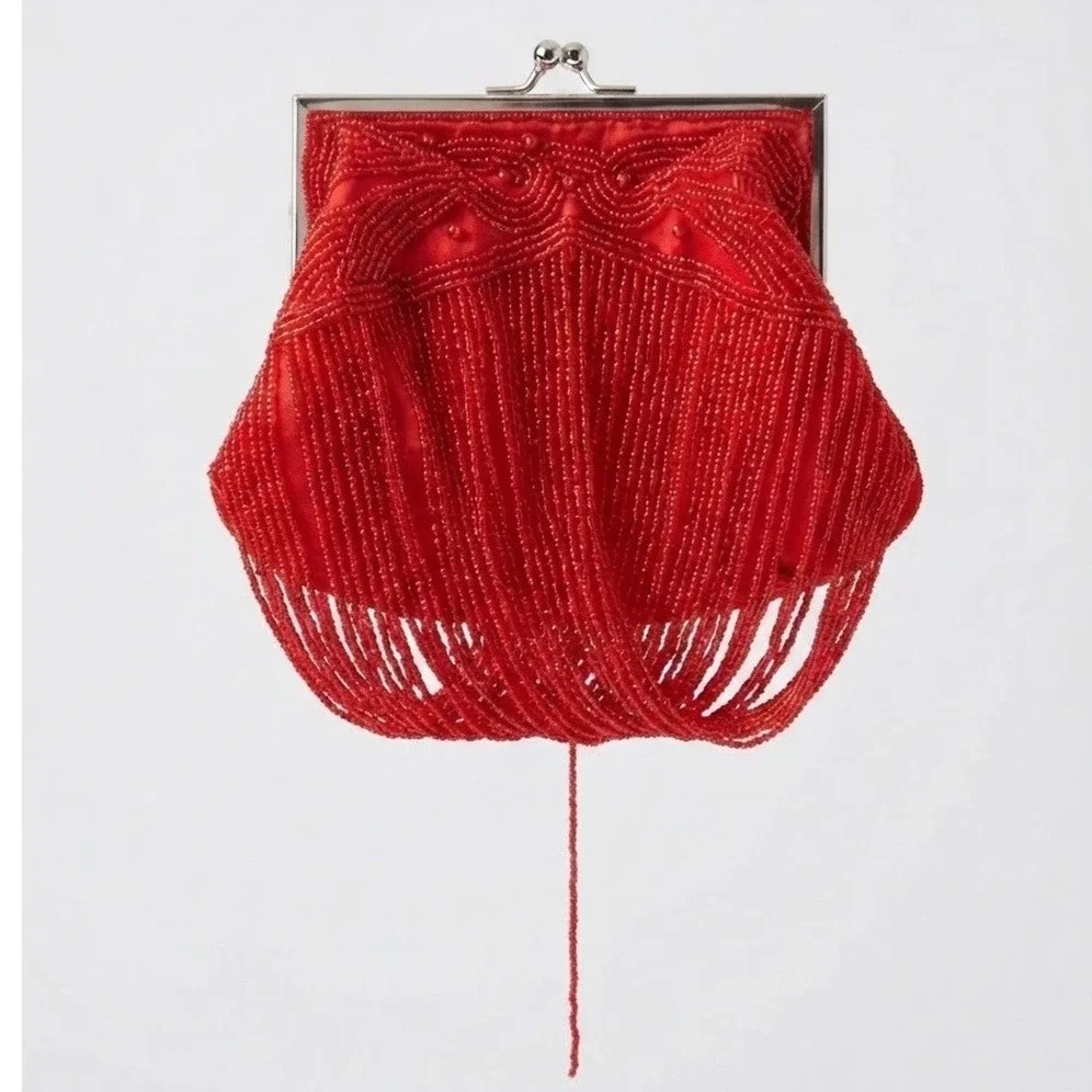 Flawed Gem! Bijoux Terner Red Satin Beaded Fringe Kiss Lock Evening Clutch Bag